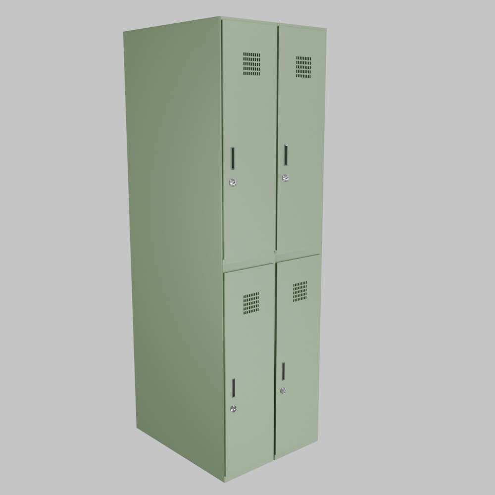 Metal locker room cabinet 2×2 with shelves and ventilation.