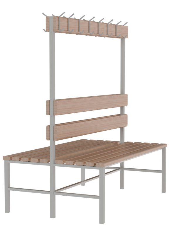 Locker room bench with backrest and coat hooks, wooden seat and steel frame for changing rooms