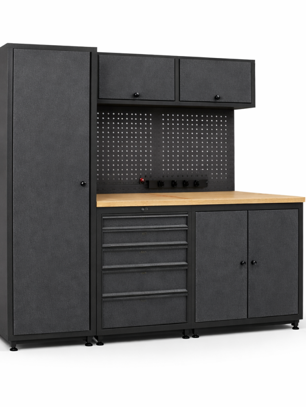 Industrial workbench with wooden top, pegboard and storage cabinets by AV4