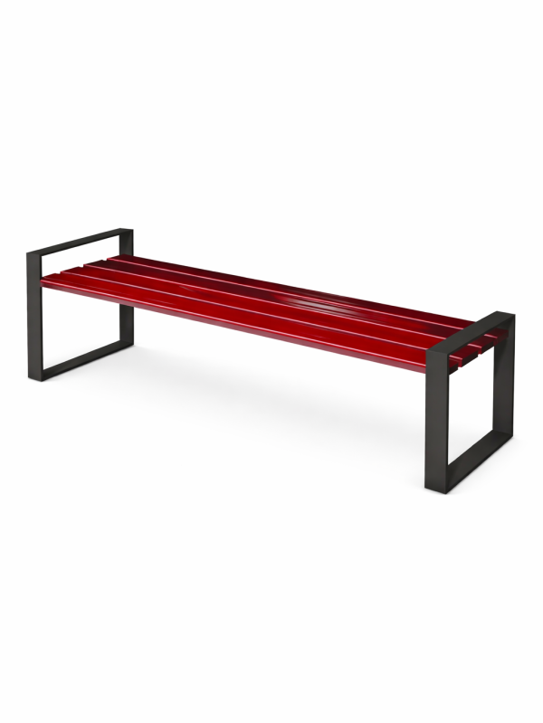 Outdoor metal bench with red wooden slats and steel frame by AV4