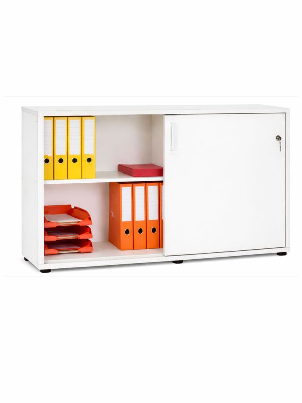 Metal office storage cabinet with sliding door and shelves AV4