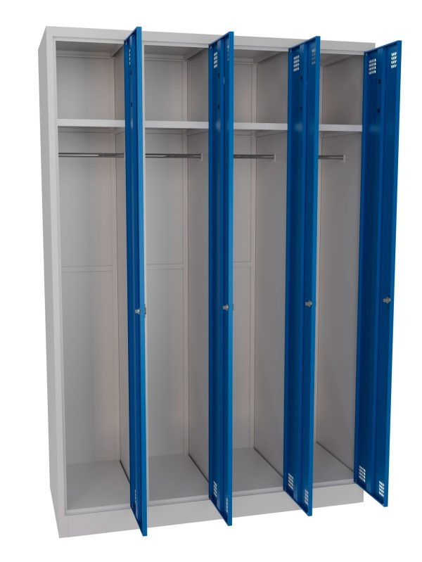 Four door metal locker with shelves and hanging rails