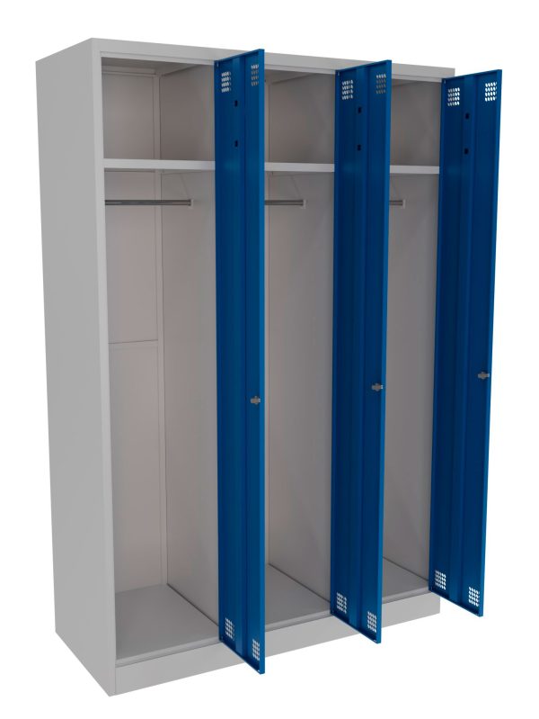 Triple door metal locker with shelves and hanging rails