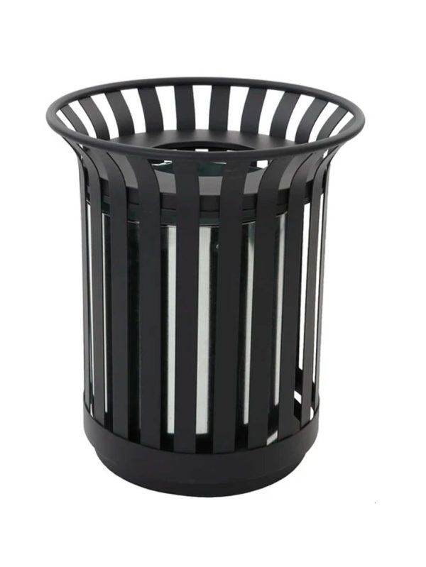 Outdoor metal waste bin with vertical slats and removable inner liner, black powder-coated steel design