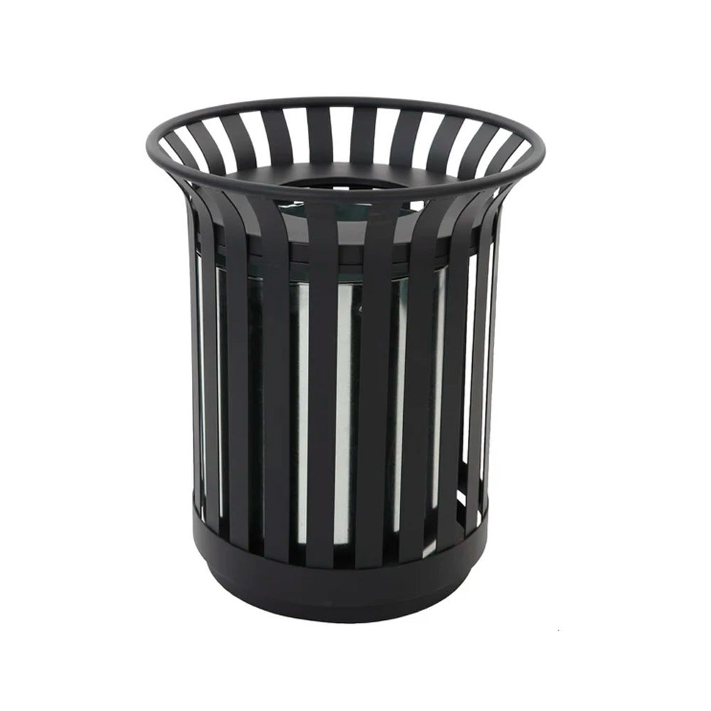 Outdoor metal waste bin with vertical slats and removable inner liner, black powder-coated steel design