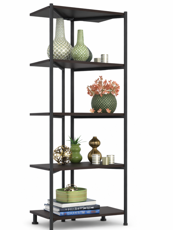 LOFT metal shelving unit with wooden shelves on a white background, modern interior storage rack