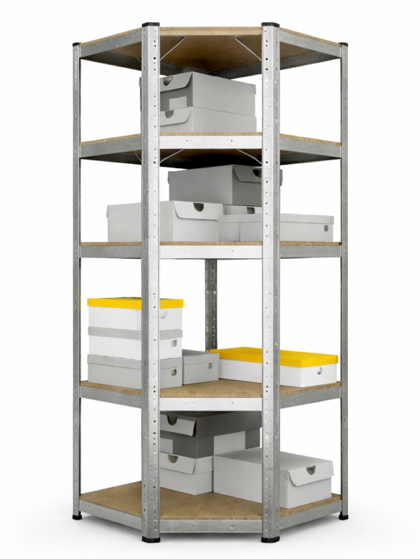 Budget corner metal storage rack with galvanized steel frame and adjustable shelves, AV4