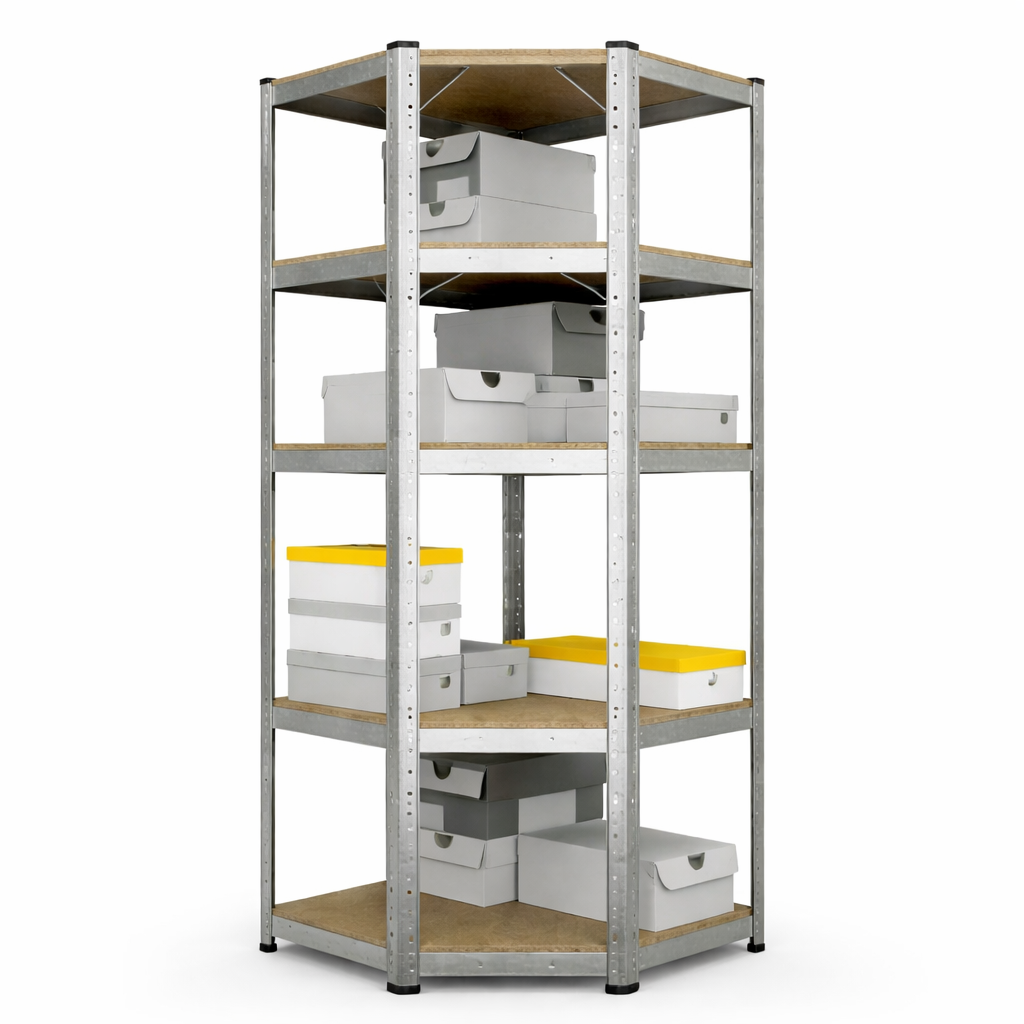 Budget corner metal storage rack with galvanized steel frame and adjustable shelves, AV4