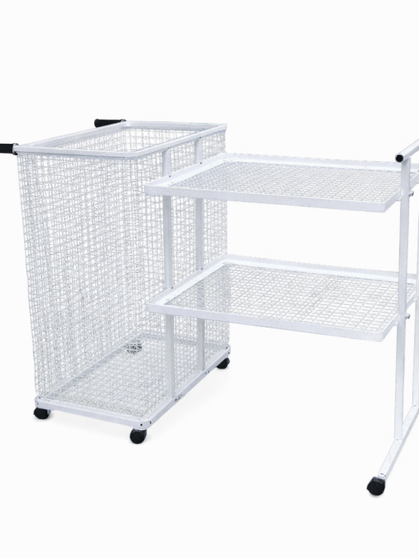 TGB medical laundry transport trolley with mesh basket and shelves on wheels