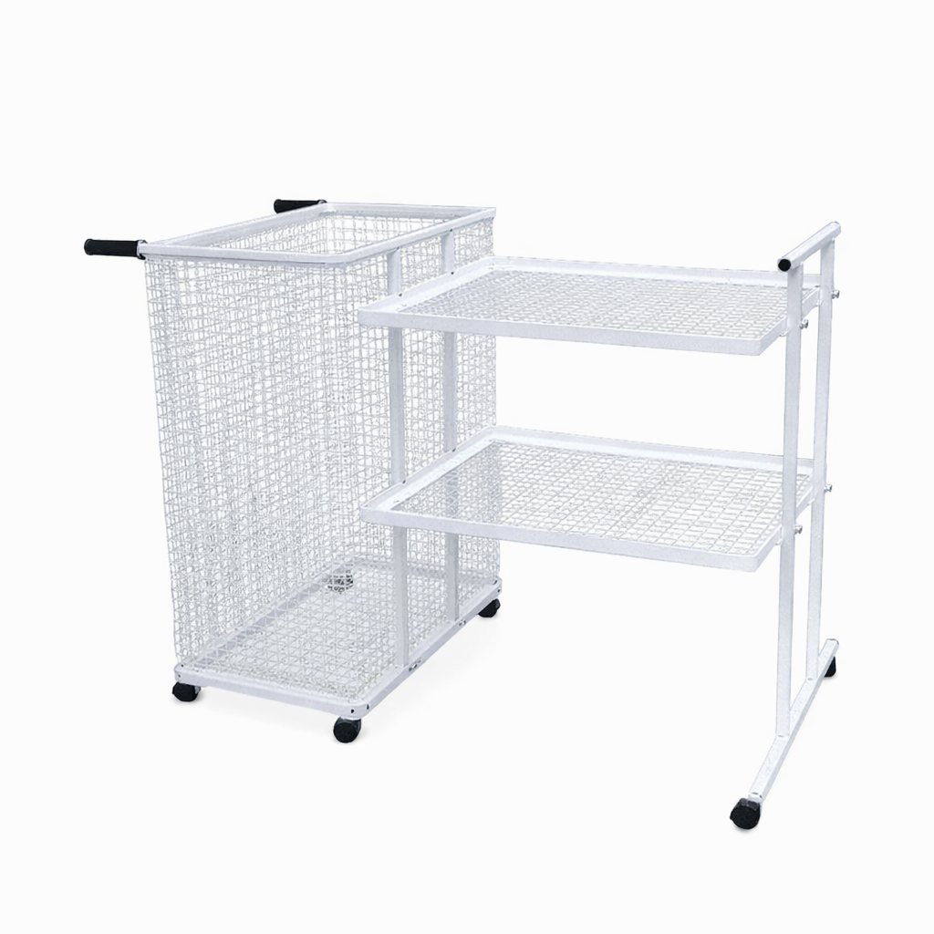 TGB medical laundry transport trolley with mesh basket and shelves on wheels
