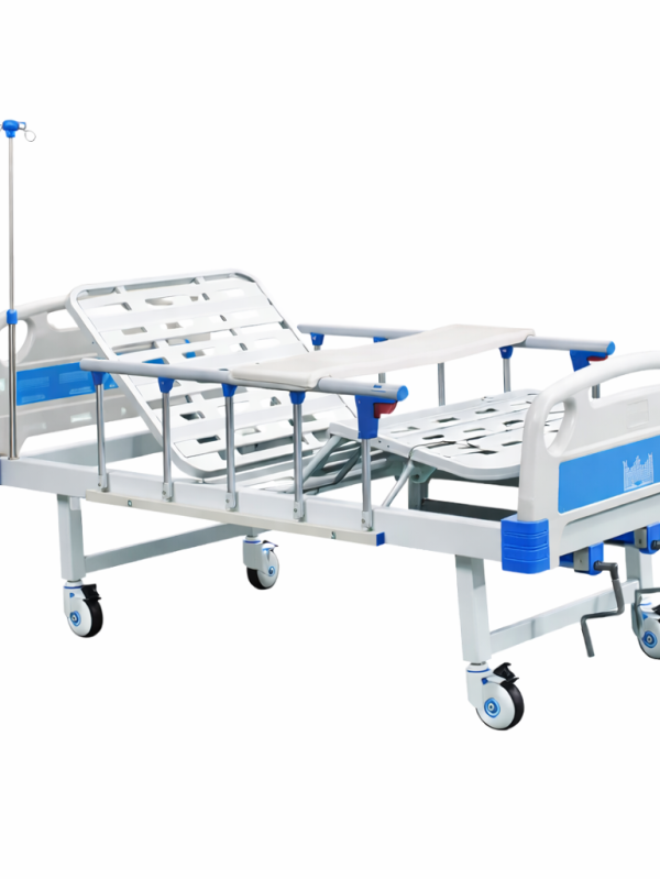 Four-section mechanical hospital bed CK-06 with adjustable back and leg sections, side rails, wheels, and infusion stand