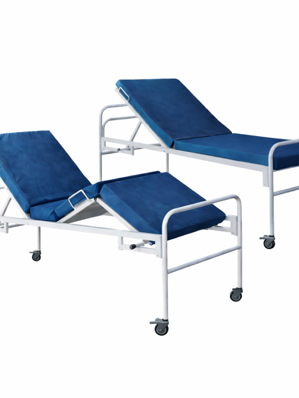 Functional medical bed with adjustable sections and steel frame on wheels for hospital and outpatient care
