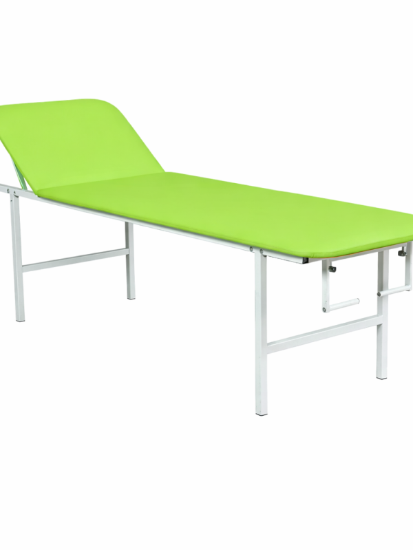 Medical examination couch with adjustable headrest, metal frame and green upholstered mattress on white background
