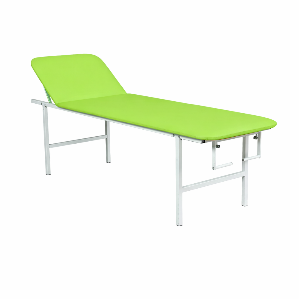 Medical examination couch with adjustable headrest, metal frame and green upholstered mattress on white background