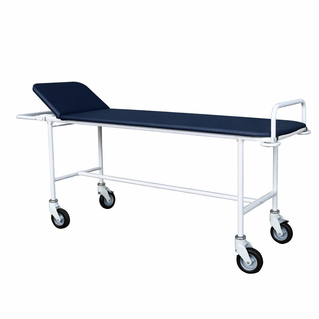 TPB patient transport trolley with adjustable headrest and reinforced wheels on white background
