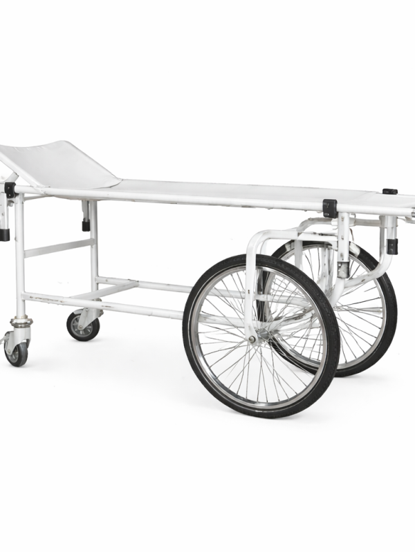 TBS-U reinforced patient transport trolley with removable stretcher and large transport wheels, white metal frame, hospital equipment