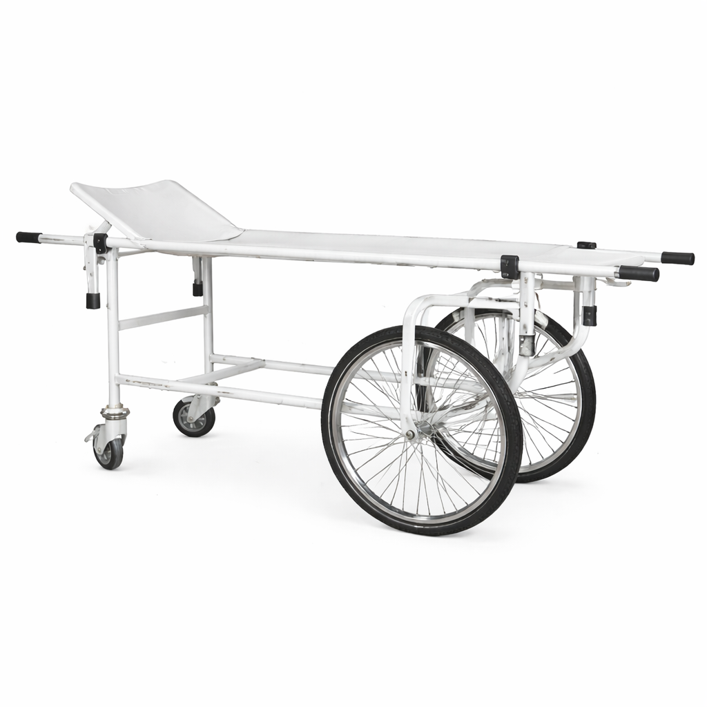 TBS-U reinforced patient transport trolley with removable stretcher and large transport wheels, white metal frame, hospital equipment