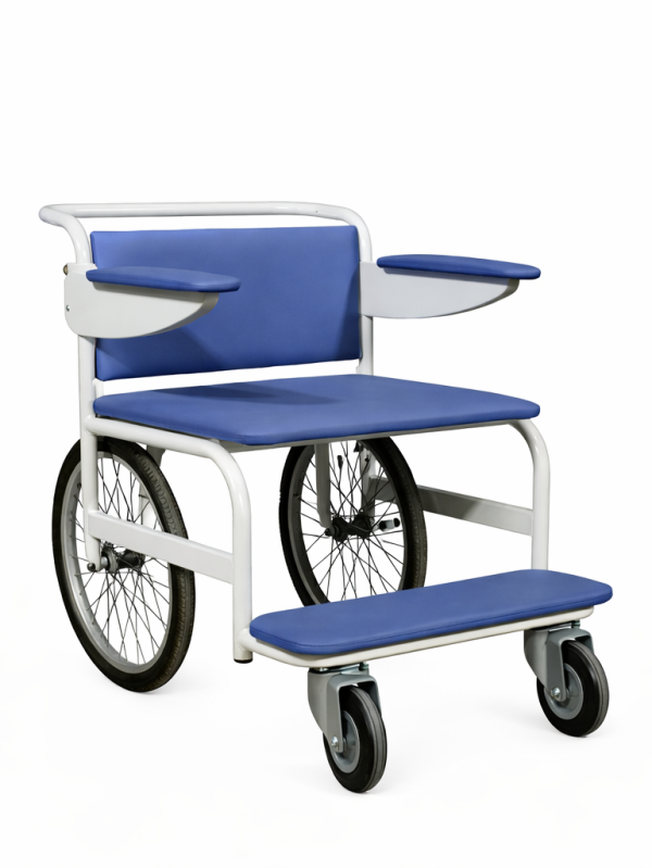 KVK-U reinforced medical transport wheelchair with extended footrest and large rear wheels on white background