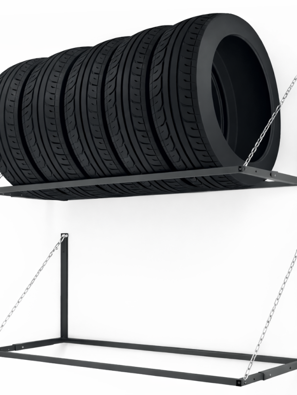 Wall-mounted metal wheel shelf for car tire storage with telescopic adjustable frame and chain support