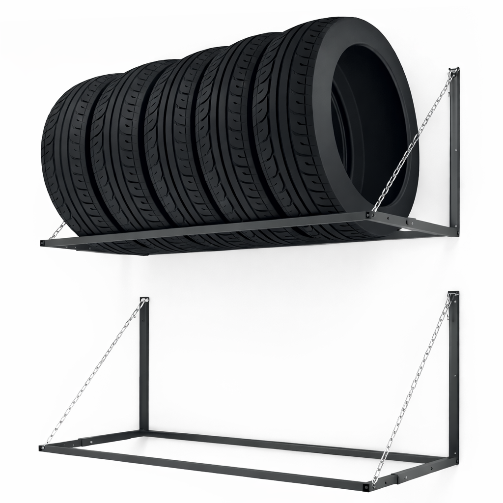 Wall-mounted metal wheel shelf for car tire storage with telescopic adjustable frame and chain support