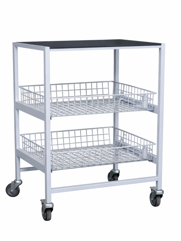 Medical instrument trolley SI-1-2K with 2 wire baskets and stainless steel top shelf on wheels