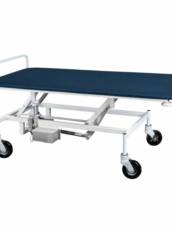 Electric patient transport trolley TPB-E with adjustable height and reinforced wheels, medical hospital transfer bed on white background