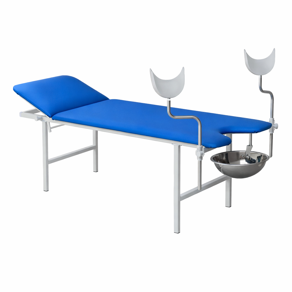 Gynecological couch KKG with knee supports and stainless steel bowl for intrauterine irrigation procedures