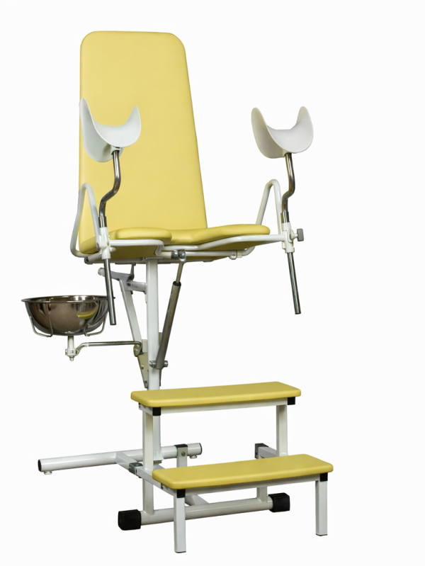 Gynecological examination chair KG-1M with adjustable backrest, knee supports, stainless steel bowl and step platform on white background