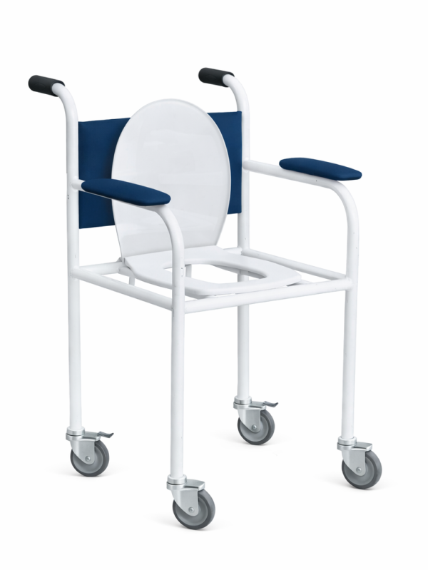 Medical toilet chair KT with steel frame, armrests and four swivel wheels on white background