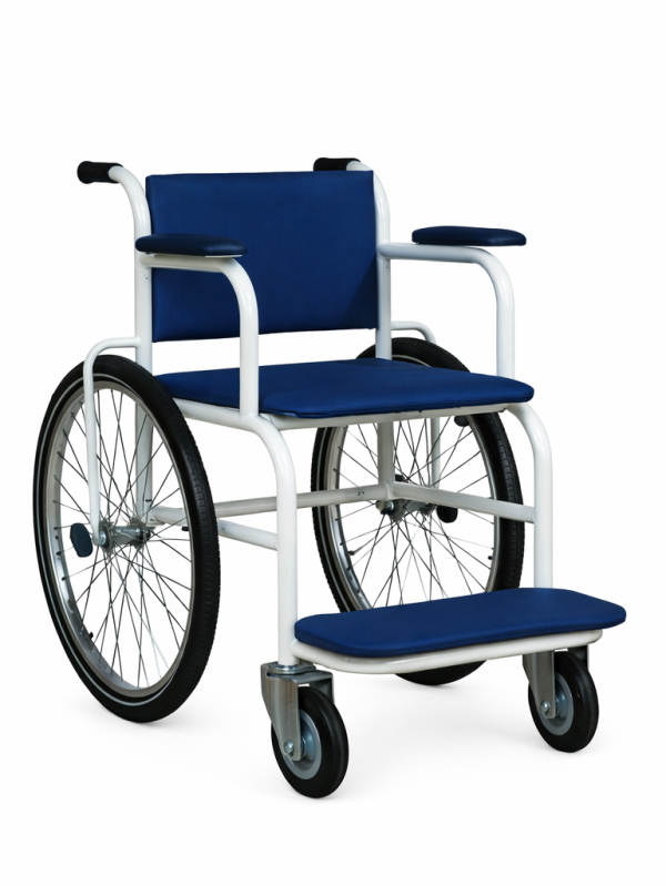 Manual patient transport wheelchair KVK with steel frame, large rear wheels and front swivel castors on a white background