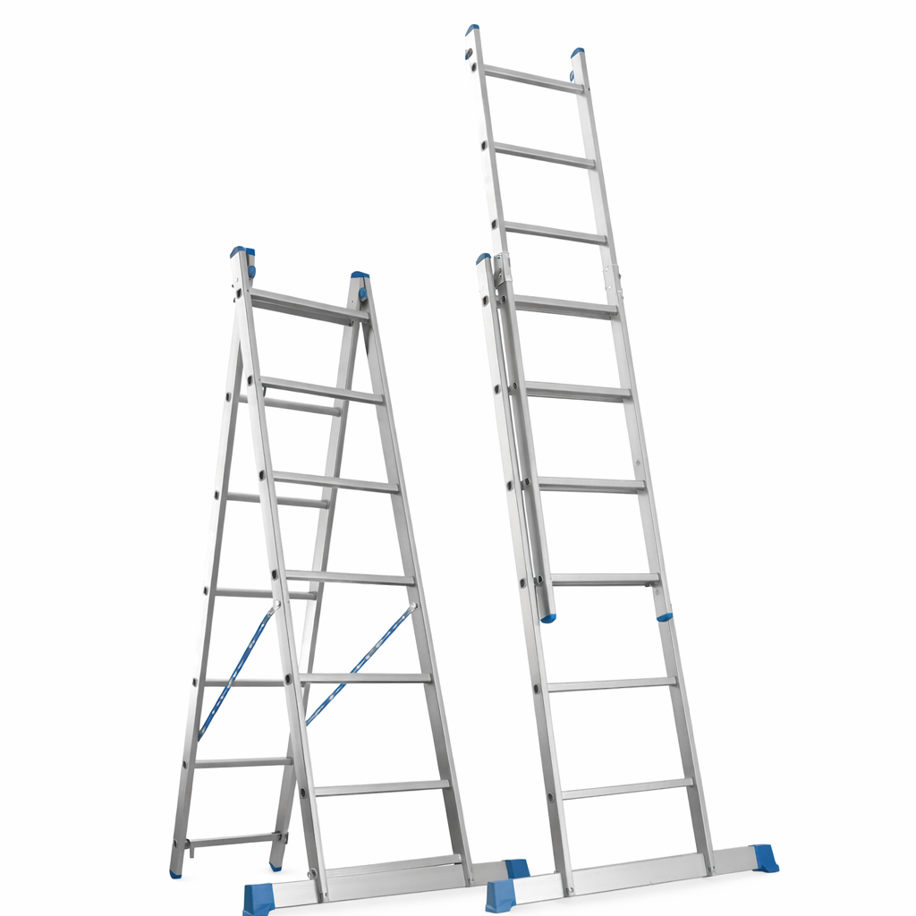 Two-section and three-section aluminum ladders with adjustable height and anti-slip feet for home and professional use