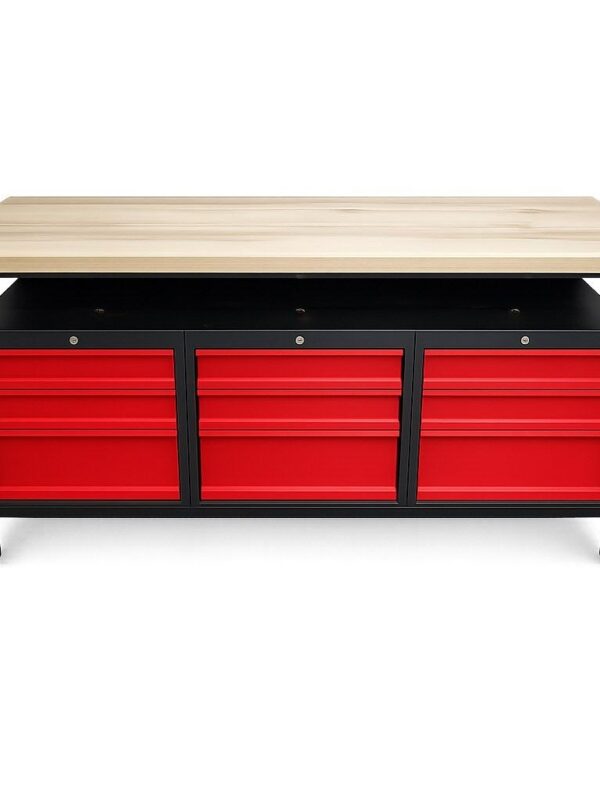 Heavy-duty metal workbench featuring a solid wood top and six bright red storage drawers on a black metal frame.